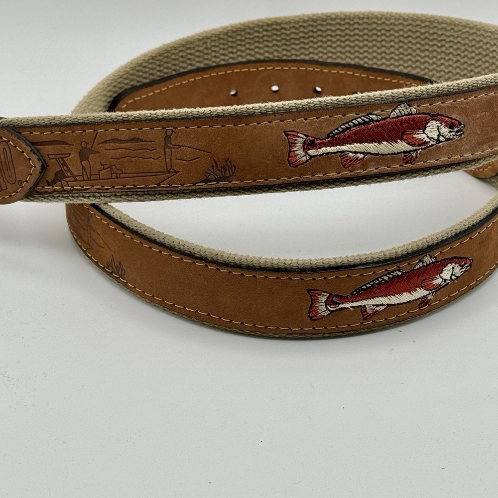 Zep-Pro Redfish Embroidered Leather Canvas Belt Size 40 USA Solid Brass